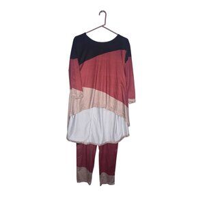 Geometric Color Block Tunic Top & Pants Set Burgundy Black Cream 1XL